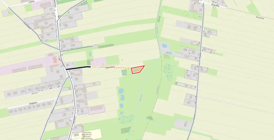 Mapa z Audytu: działka w gminie Lesznowola bez styku z drogą publiczną, najbliższa droga ok. 175 m
