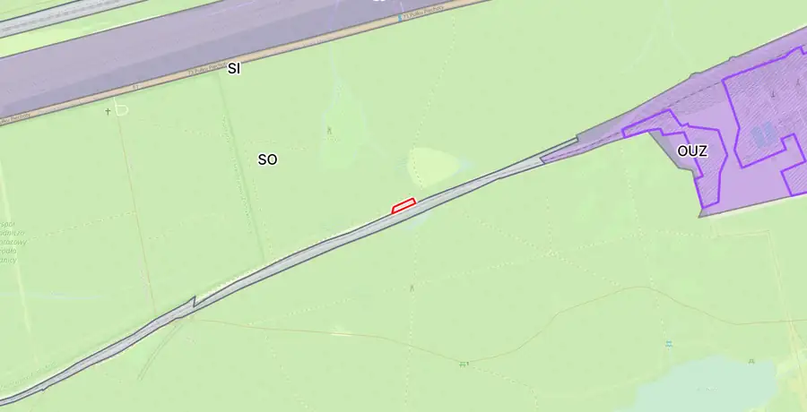 Mapa z Audytu: działka w Katowicach w strefie otwartej planu ogólnego, sąsiednie strefy SI i OUZ