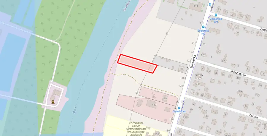 Mapa z Audytu: działka w Poznaniu, ponad połowa powierzchni w strefie powodziowej Q1% z map ISOK