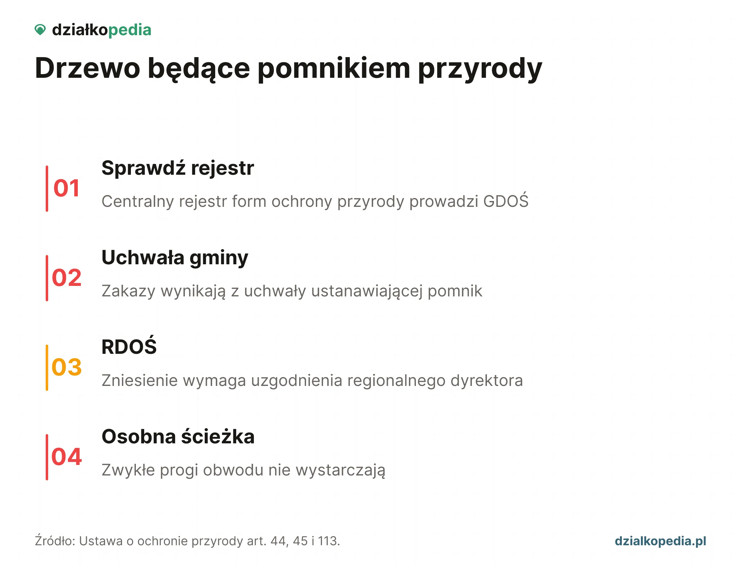 Cztery zasady dla drzewa-pomnika: rejestr GDOŚ, uchwała, RDOŚ i osobna ścieżka.